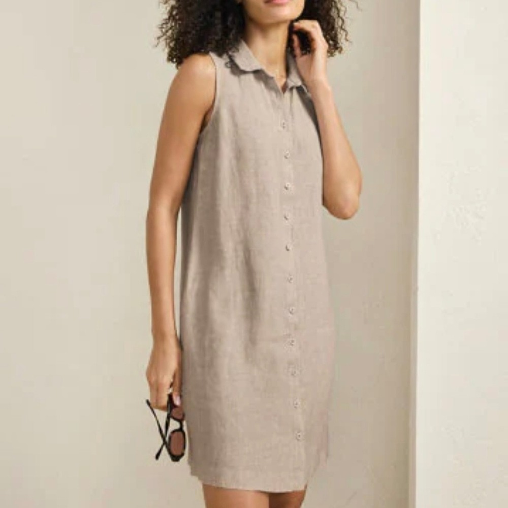 Garnet Hill Classic Linen Sleeveless Button Front Shirt Dress Size 12